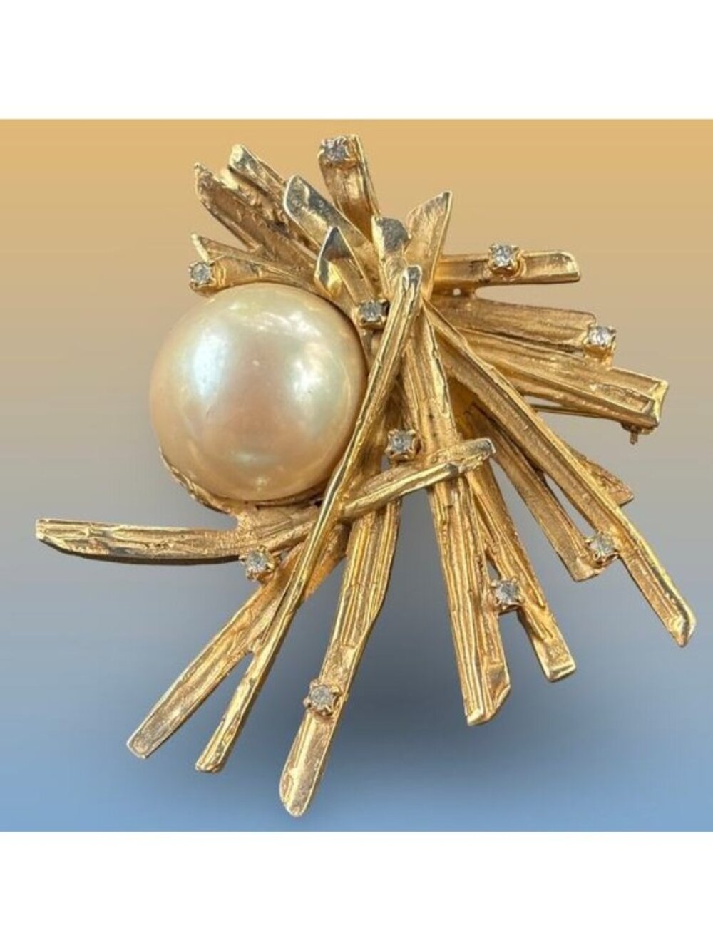 Vintage E. Pearl Gold Brooch Pin With Faux Pearl Rhinestones Abstract Starburst